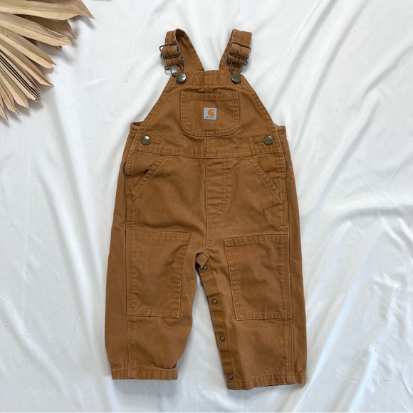 Carhartt Other - Carhartt Canvas Tan Brown Button Snap Bib Overalls Onesie Jumpsuit Size 12M